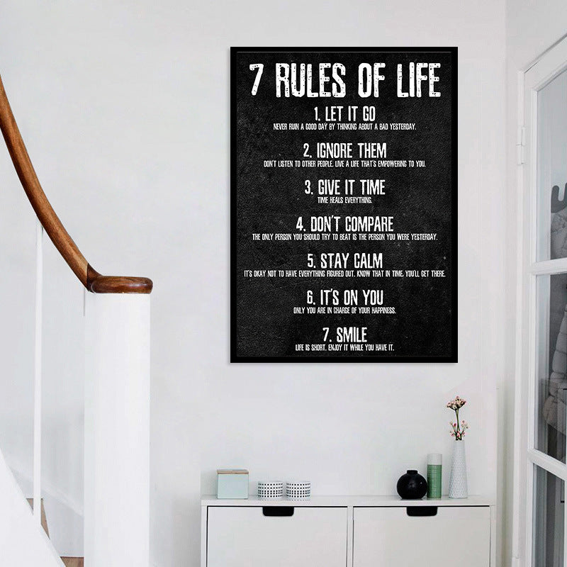 Black and white text rules of life inspirational canvas painting