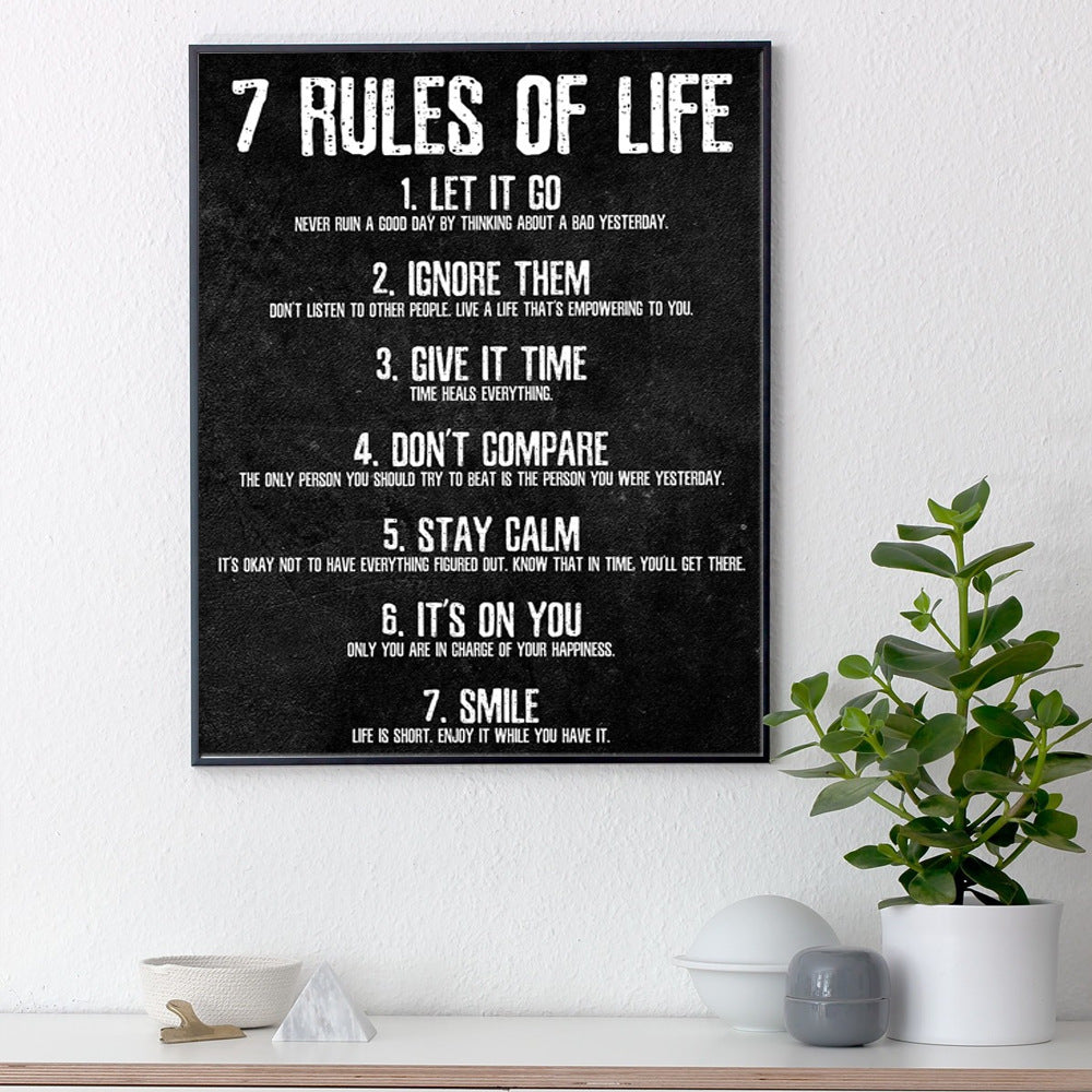 Black and white text rules of life inspirational canvas painting